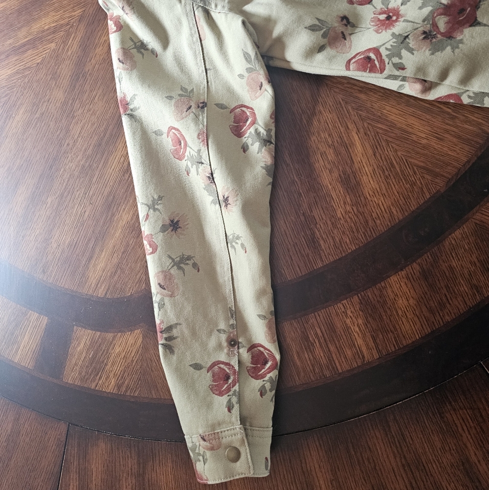 Sun + Stone Men's Tan Canvas Red Floral Print Jacket Corduroy Collar Size Small - Picture 10 of 11